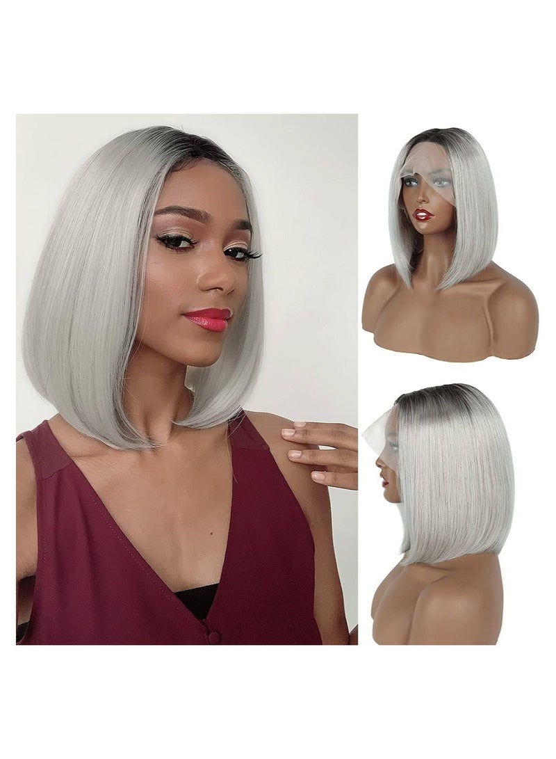 Estelle Lace Front Human Hair Bob Wig, Pre Plucked Hairline Short Lace Front Bob Wig for Women (12in, Tblack/lightgrey) - Image 1