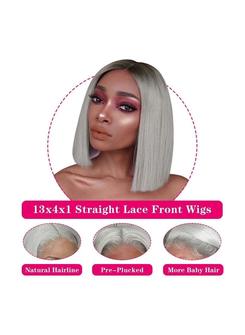 Estelle Lace Front Human Hair Bob Wig, Pre Plucked Hairline Short Lace Front Bob Wig for Women (12in, Tblack/lightgrey) - Image 3