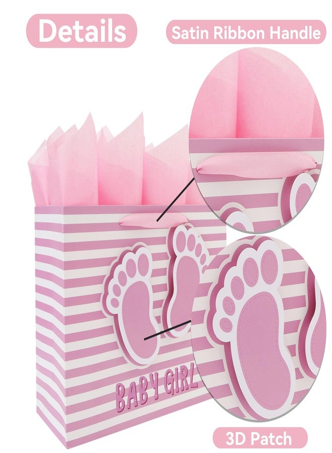 wishinside 13'' Large Baby Girl Gift Bag Set with Handles, Greeting Card, Pink Tissue Papers and Stickers for Girls Kids for Baby Shower, Girls' Birthday Party, Newborn, New Moms, Little One, 1st Baby, 3D Footprints Design, 1 Pcs - Image 4