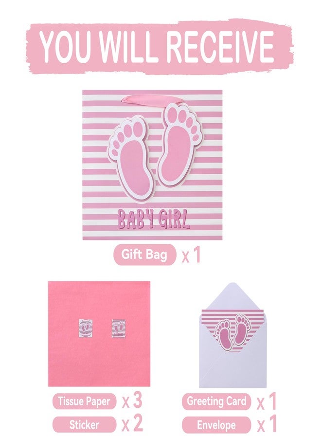 wishinside 13'' Large Baby Girl Gift Bag Set with Handles, Greeting Card, Pink Tissue Papers and Stickers for Girls Kids for Baby Shower, Girls' Birthday Party, Newborn, New Moms, Little One, 1st Baby, 3D Footprints Design, 1 Pcs - Image 3