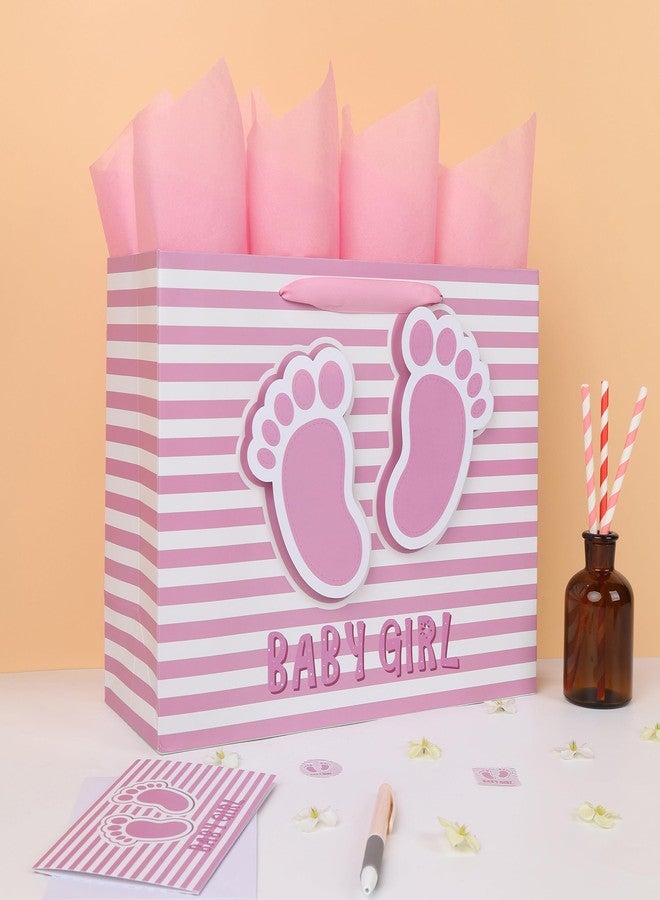 wishinside 13'' Large Baby Girl Gift Bag Set with Handles, Greeting Card, Pink Tissue Papers and Stickers for Girls Kids for Baby Shower, Girls' Birthday Party, Newborn, New Moms, Little One, 1st Baby, 3D Footprints Design, 1 Pcs - Image 5
