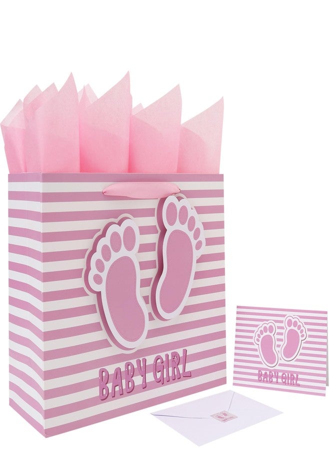 wishinside 13'' Large Baby Girl Gift Bag Set with Handles, Greeting Card, Pink Tissue Papers and Stickers for Girls Kids for Baby Shower, Girls' Birthday Party, Newborn, New Moms, Little One, 1st Baby, 3D Footprints Design, 1 Pcs - Image 1