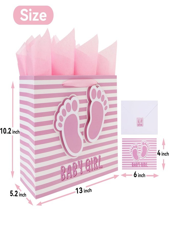 wishinside 13'' Large Baby Girl Gift Bag Set with Handles, Greeting Card, Pink Tissue Papers and Stickers for Girls Kids for Baby Shower, Girls' Birthday Party, Newborn, New Moms, Little One, 1st Baby, 3D Footprints Design, 1 Pcs - Image 2