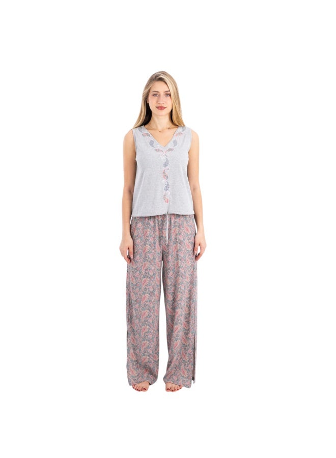 zecotex  Traditional Embroidered Cotton Pajama Set - 2-Piece Sleeveless Lounge Wear - 100% Pure Natural Cotton - Grey Melange