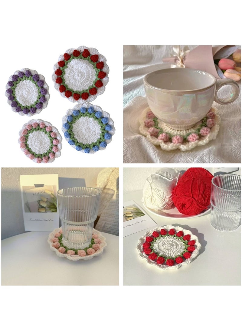 Handmade Knitted Goods Knitted Coasters Set 4 Round Coasters 4 Colors  - Image 1