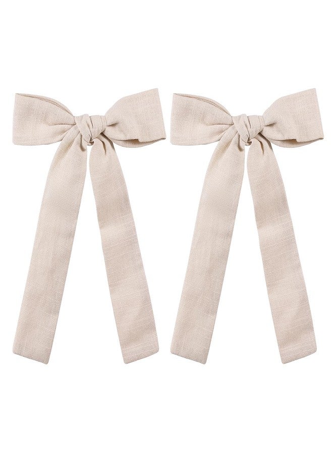 Miroksh Beige Cotton Linen Hair Bows 5" Soft Long Ponytail Knot Bows Alligator Clip for Toddler Teens Little School Girls Fall Outfits Accessories Kids Back School Easter Gift - Image 1