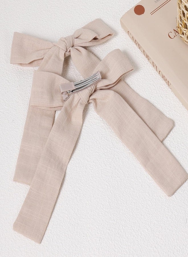 Miroksh Beige Cotton Linen Hair Bows 5" Soft Long Ponytail Knot Bows Alligator Clip for Toddler Teens Little School Girls Fall Outfits Accessories Kids Back School Easter Gift - Image 2