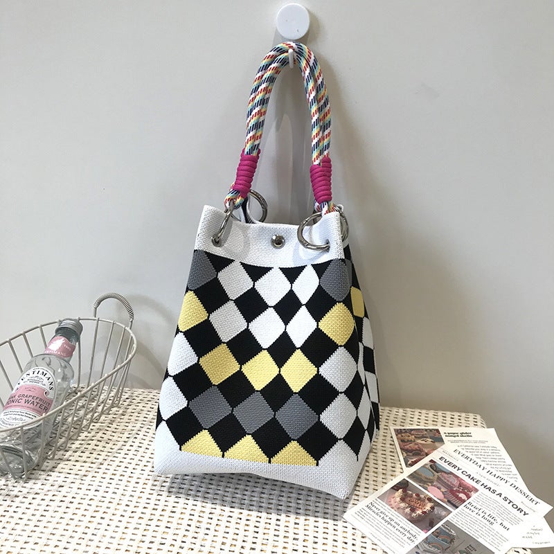 Supply Niche Design Black And White Rhombus Knitted Tote Bag Handbag Casual Versatile Large Capacity Crossbody Bag - Image 3