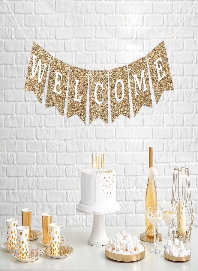 Perfect Occasion لافتة ترحيب جاهزة للتعليق - لا تحتاج إلى تركيب - لافتة ترحيب ذهبية لامعة - معلقة مسبقًا على خيط بطول 6 أقدام - مثالية لتزيين الفصول الدراسية، والمكاتب، والأبواب الأمامية، وحفلات استقبال المولود الجديد، وحفلات توديع العزوبية. هل ذكرنا أنها لا تحتاج إلى تركيب؟ - Image 2