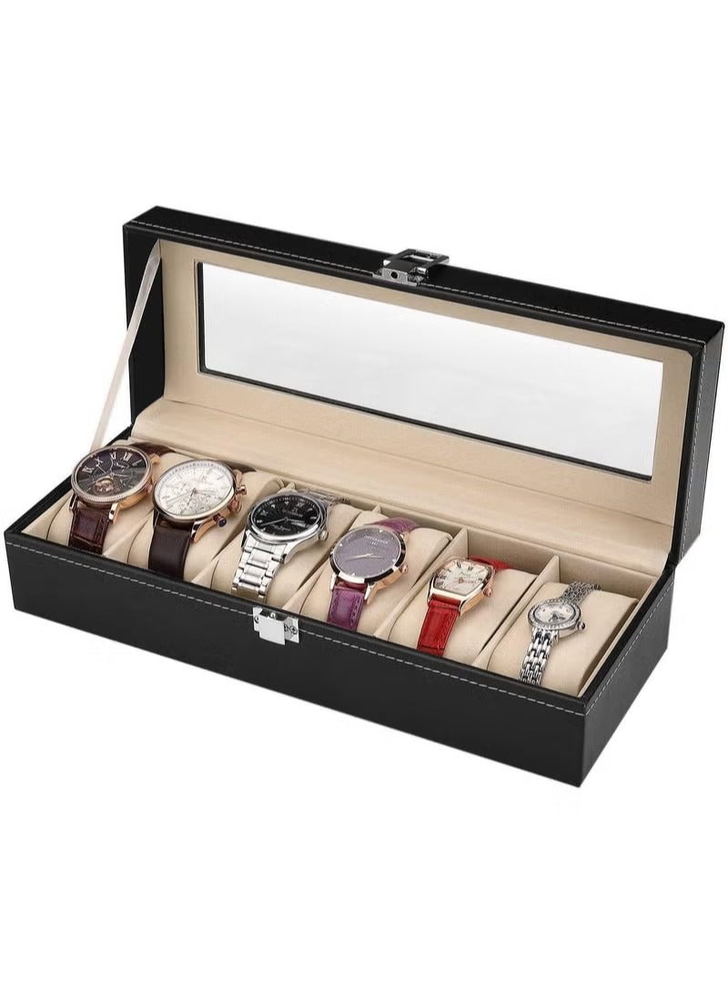 Generic Watch Box Organizer – 6-Slot PU Leather Case with Clear Glass Lid, Metal Lock & Soft Velvet Pillows – Dustproof Display Storage for Men & Women Watches & Bracelets – Black - Image 1