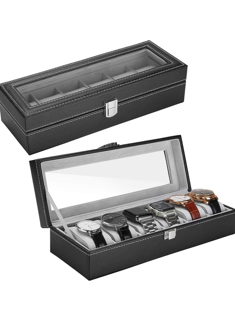 Generic Watch Box Organizer – 6-Slot PU Leather Case with Clear Glass Lid, Metal Lock & Soft Velvet Pillows – Dustproof Display Storage for Men & Women Watches & Bracelets – Black - Image 2