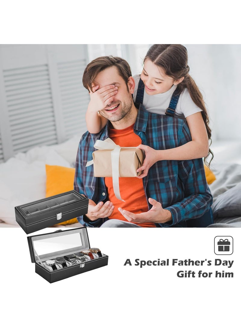 Generic Watch Box Organizer – 6-Slot PU Leather Case with Clear Glass Lid, Metal Lock & Soft Velvet Pillows – Dustproof Display Storage for Men & Women Watches & Bracelets – Black - Image 5