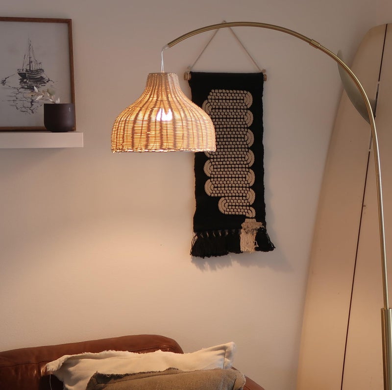 Brightech Lark Arc Lamp for Living Rooms & Offices, Floor Lamp with Unique Hanging Wicker Shade, Standing & Tall for Bedroom Reading, Matches Boho and Other Living Room Decor, Brass - Image 4