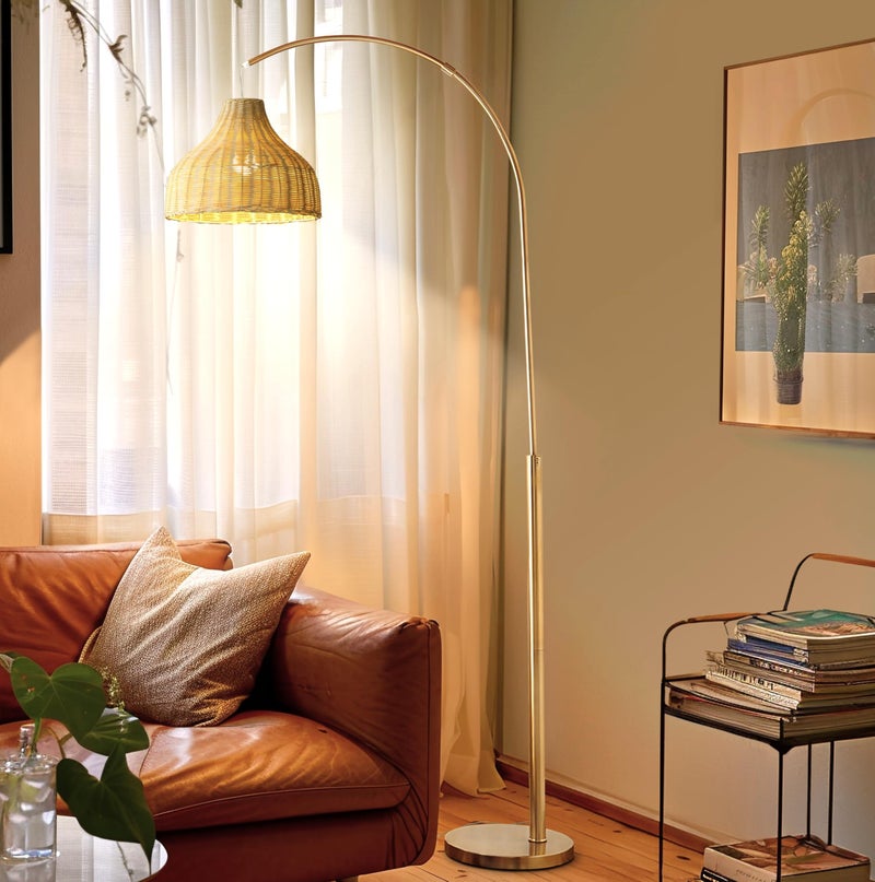Brightech Lark Arc Lamp for Living Rooms & Offices, Floor Lamp with Unique Hanging Wicker Shade, Standing & Tall for Bedroom Reading, Matches Boho and Other Living Room Decor, Brass - Image 1