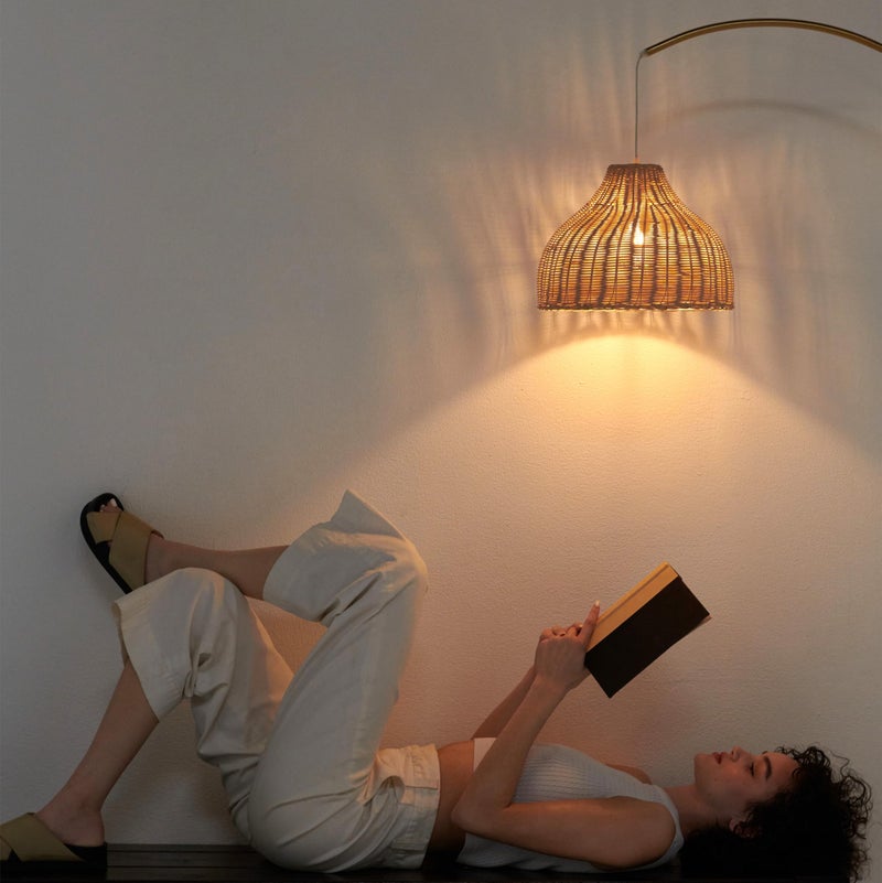 Brightech Lark Arc Lamp for Living Rooms & Offices, Floor Lamp with Unique Hanging Wicker Shade, Standing & Tall for Bedroom Reading, Matches Boho and Other Living Room Decor, Brass - Image 3