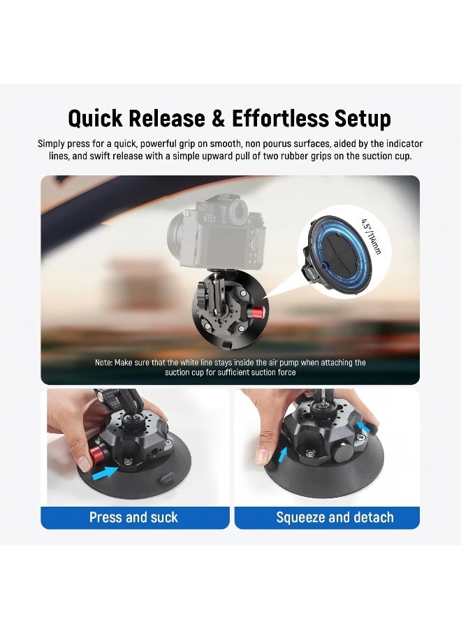 Neewer 4.5"" Suction Cup Camera Mount with Ball Head Magic Arm, 1/4"" 3/8"" ARRI Holes, Quick Release Car Mount with Holder & Action Cam Adapter Compatible with DJI Insta360 black - Image 4