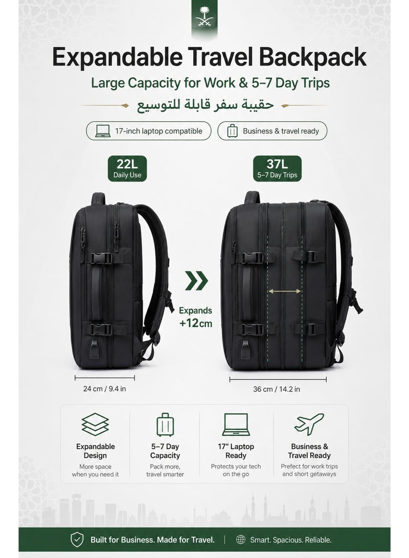 BANGE 17 Inch Laptop Backpack Expandable Waterproof Business Travel Backpack with USB Charging Port, Large Capacity Anti-Theft Computer Bag for Men Women, Padded Laptop Compartment - Image 4