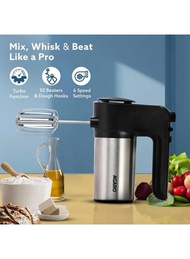 AGARO Elegant Hand Mixer, 300 Watts, Stainless Steel, 6 Interchangeable Speed Settings, Turbo Function, Interchangeable Beaters and Dough Hook Accessories for Mixing, Whisking, Beating, Kneading - Image 2