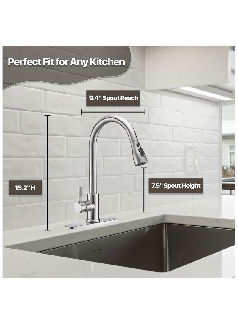 أيه بي جي حنفية مطبخ بسحب للأسفل – خلاط مياه بمقبض واحد من الستانلس ستيل، دوران 360 درجة، وضعيتا رش، للماء البارد والساخن، تصميم عالي القوس لحوض المطبخ، تشطيب كروم / نيكل مطفي - Image 4