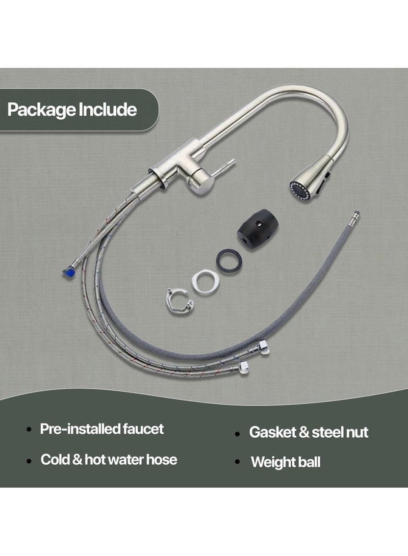 أيه بي جي حنفية مطبخ بسحب للأسفل – خلاط مياه بمقبض واحد من الستانلس ستيل، دوران 360 درجة، وضعيتا رش، للماء البارد والساخن، تصميم عالي القوس لحوض المطبخ، تشطيب كروم / نيكل مطفي - Image 5