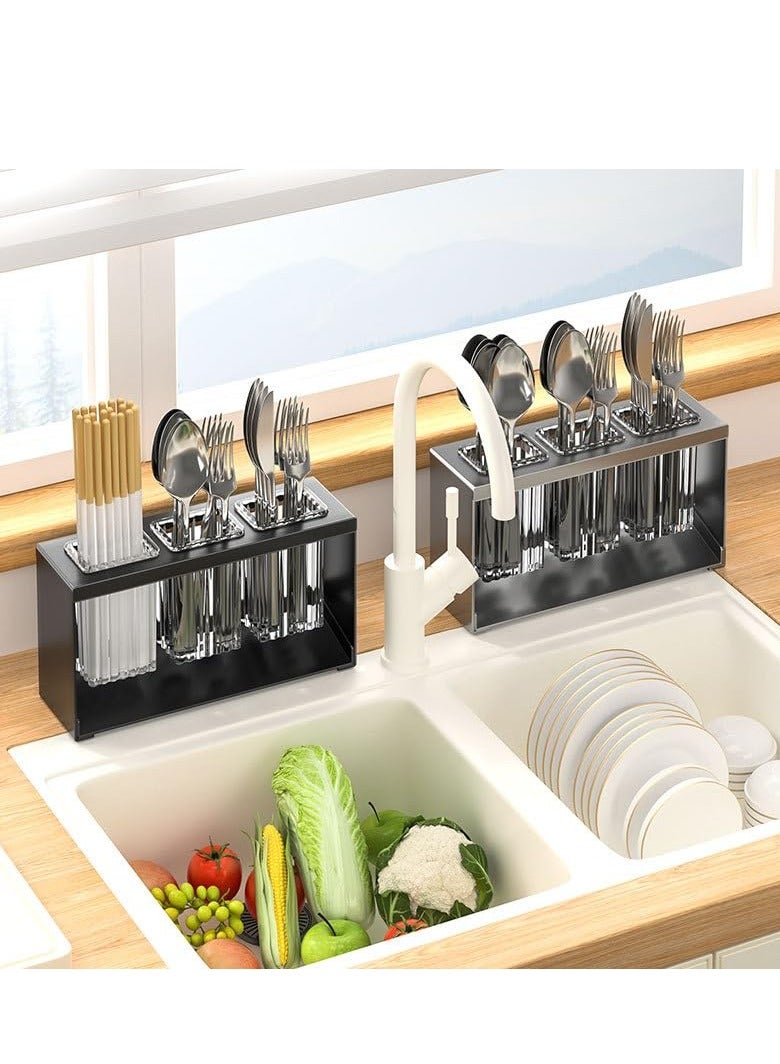 SYOSI Countertop Cutlery Drying Holder ableware Holder Box Tabletop Separated Tableware Organizer with 3 Cups Bathroom Toothpaste Cosmetic Brush Tooth Holder for Kitchen and Bathroom Black - Image 4