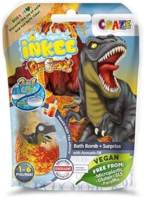 INKEE Surprise Dino Bath Bombs Children with Surprise, Egg Shape Bath Bomb 100 g with Dinosaur Figures, Peach Iced Tea Aroma and Avocado Oil