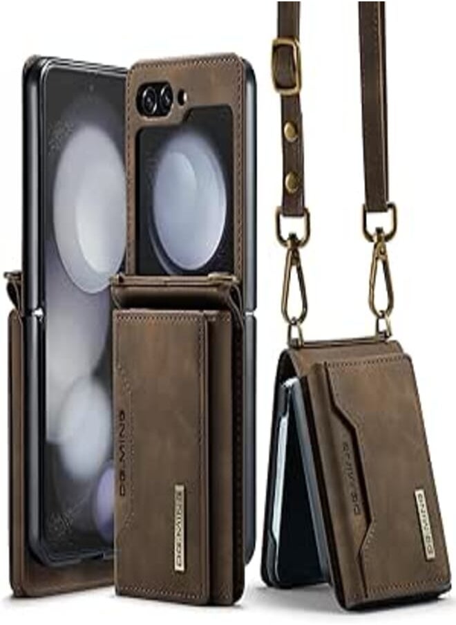 FASHION MANIA Cards Solt Wallet Crossbody Lanyard Leather Cover For Samsung Galaxy Z Flip 5 2023 5G Purse Pocket Shoulder Strap Phone Case (Coffee) 