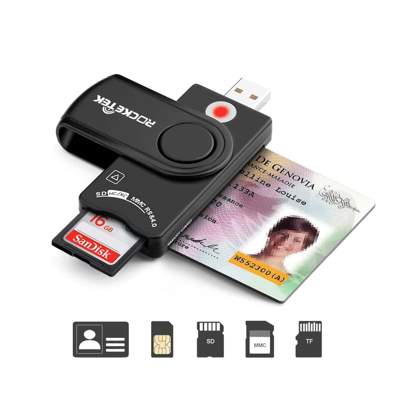 Rocketek قارئ بطاقات USB الذكي، Rocketek قارئ بطاقات الذاكرة العسكرية DOD USB Cac متوافق مع Windows وLinux/Unix وMacOS X - مزود بقارئ بطاقات SDHC/SDXC/SD وبطاقات micro SD - Image 1