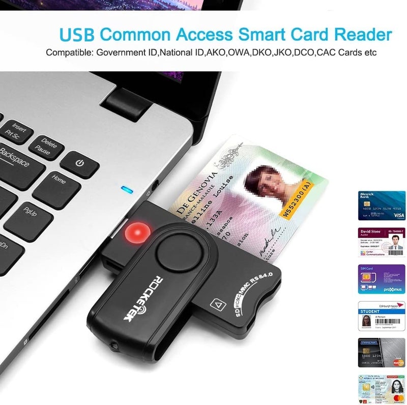 Rocketek قارئ بطاقات USB الذكي، Rocketek قارئ بطاقات الذاكرة العسكرية DOD USB Cac متوافق مع Windows وLinux/Unix وMacOS X - مزود بقارئ بطاقات SDHC/SDXC/SD وبطاقات micro SD - Image 3