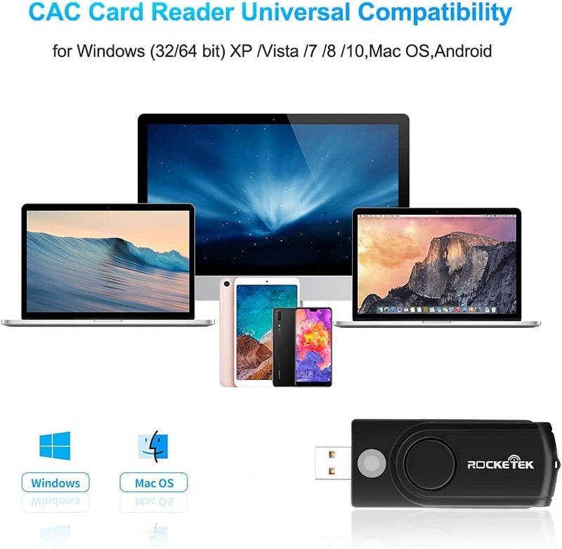 Rocketek قارئ بطاقات USB الذكي، Rocketek قارئ بطاقات الذاكرة العسكرية DOD USB Cac متوافق مع Windows وLinux/Unix وMacOS X - مزود بقارئ بطاقات SDHC/SDXC/SD وبطاقات micro SD - Image 5