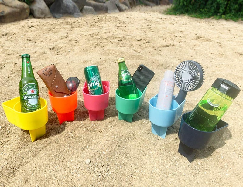 Home Queen Beach Cup Holder with Pocket Multifunctional Sand Cup Holder for Beverage Phone Sunglass Key Beach Accessory Drink Sand Coaster Set of 6 Navy Teal Yellow Orange Blue and Pink