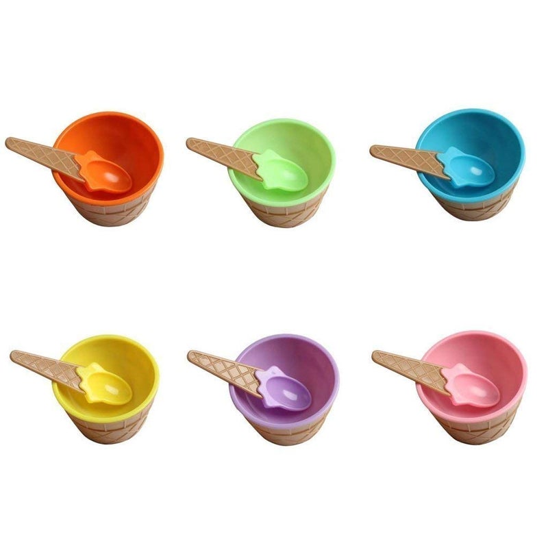 NOBILEA 6 PCS Ice Cream Solid Bowl with Spoon Plastic BPAFree Ice Cream Cone Shape Cup Multi Color - Image 5