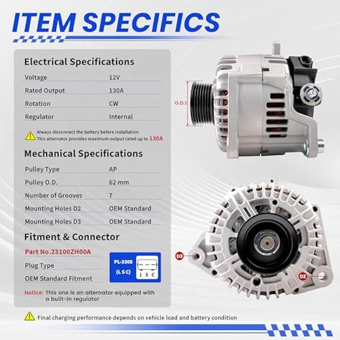 TSSLIIN High Output Alternator for-Nissan Armada Frontier NV1500 NV2500 NV3500 Pathfinder Titan Xterra for-Infiniti QX56 for-Suzuki Equator 12V 130A 7-Groove Pulley 23100-ZH00A 2606353A 31400-82Z10 - Image 4