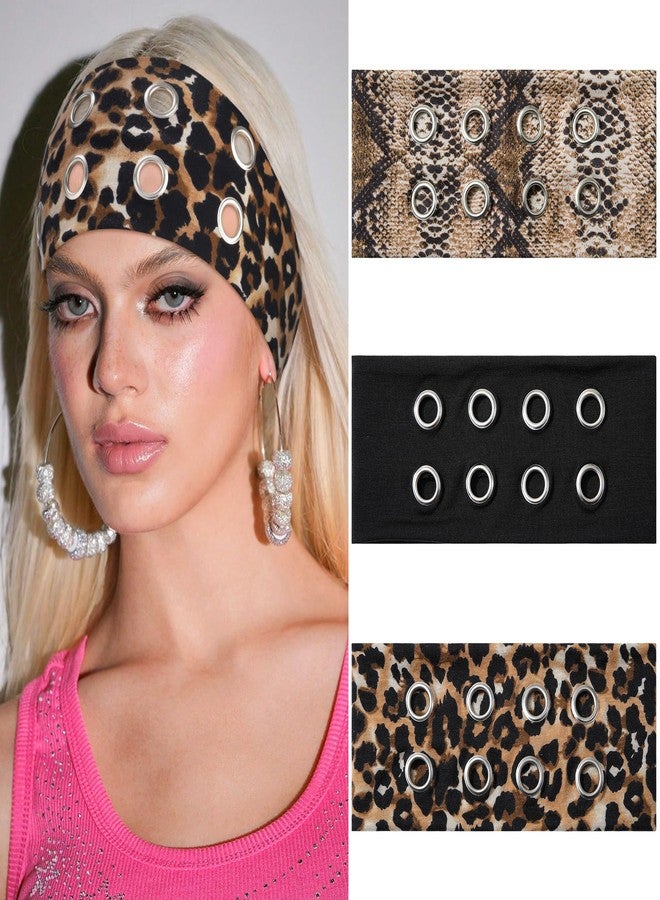 AWAYTR Women Hollow Out Eyelet Elastic Headband Y2K Wide Grommet Hairband Punk Grunge Wide Band for Girls (Snakeskin pattern/Brown Leopard/Black, One size) - Image 1