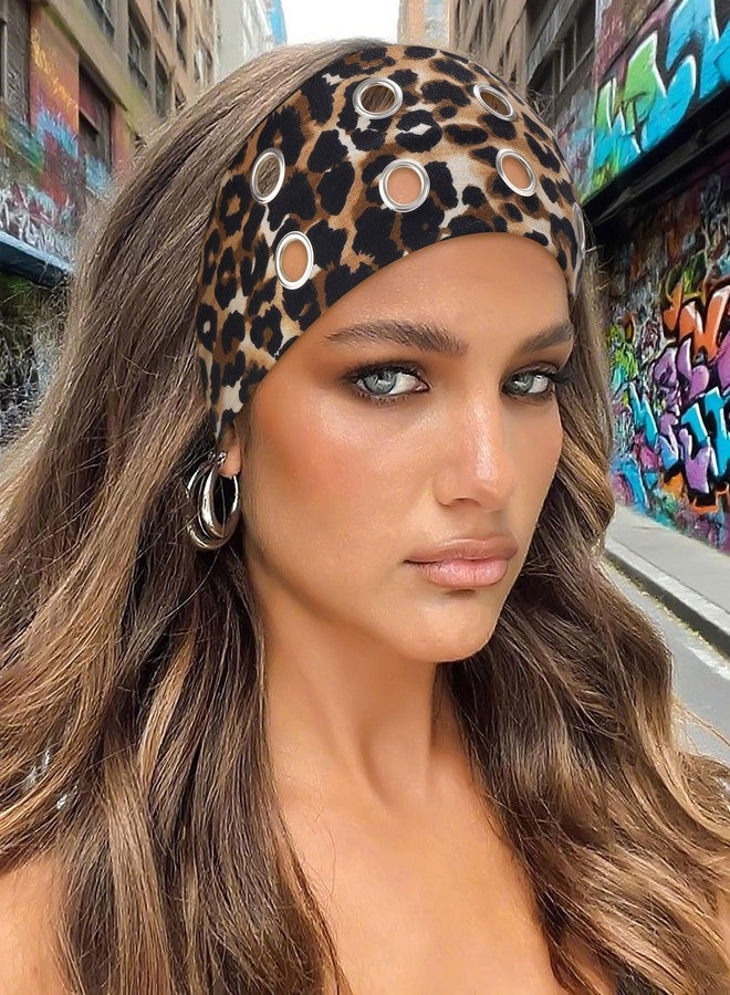 AWAYTR Women Hollow Out Eyelet Elastic Headband Y2K Wide Grommet Hairband Punk Grunge Wide Band for Girls (Snakeskin pattern/Brown Leopard/Black, One size) - Image 3