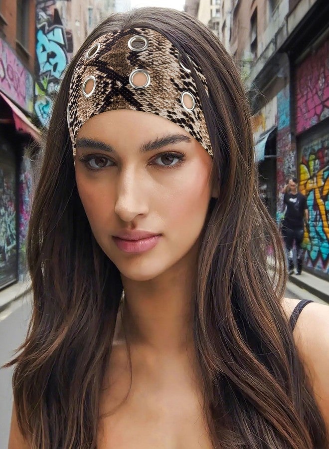 AWAYTR Women Hollow Out Eyelet Elastic Headband Y2K Wide Grommet Hairband Punk Grunge Wide Band for Girls (Snakeskin pattern/Brown Leopard/Black, One size) - Image 4