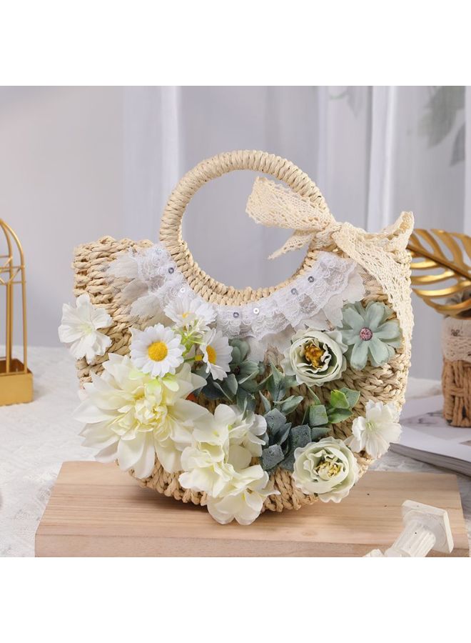 Straw Bag Artificial Flower DIY Material Bag Handmade Handbag Warm-up Activities March 8th Festival Group Building Salon Summer-Color:Off-white Woven Bag Material Package - White Color (full Set Of Materials Included)  - Image 1