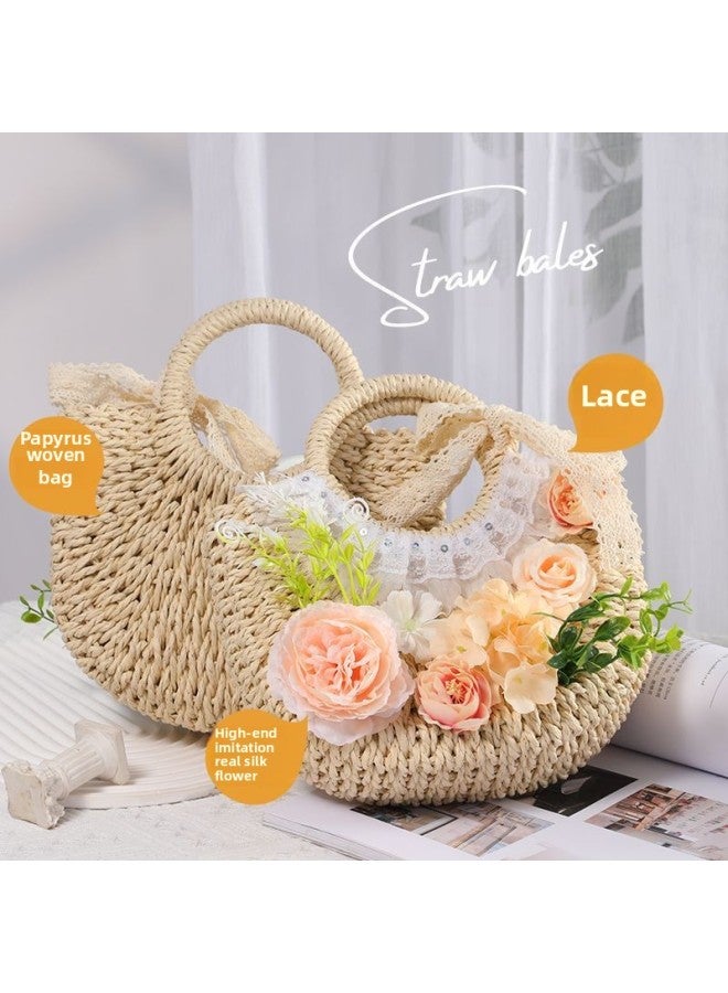 Straw Bag Artificial Flower DIY Material Bag Handmade Handbag Warm-up Activities March 8th Festival Group Building Salon Summer-Color:Off-white Woven Bag Material Package - White Color (full Set Of Materials Included)  - Image 4