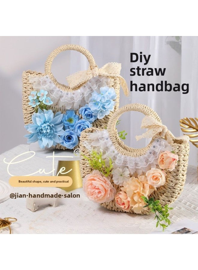 Straw Bag Artificial Flower DIY Material Bag Handmade Handbag Warm-up Activities March 8th Festival Group Building Salon Summer-Color:Off-white Woven Bag Material Package - White Color (full Set Of Materials Included)  - Image 2