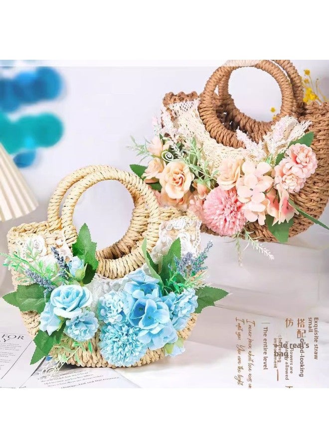 Straw Bag Artificial Flower DIY Material Bag Handmade Handbag Warm-up Activities March 8th Festival Group Building Salon Summer-Color:Off-white Woven Bag Material Package - White Color (full Set Of Materials Included)  - Image 5