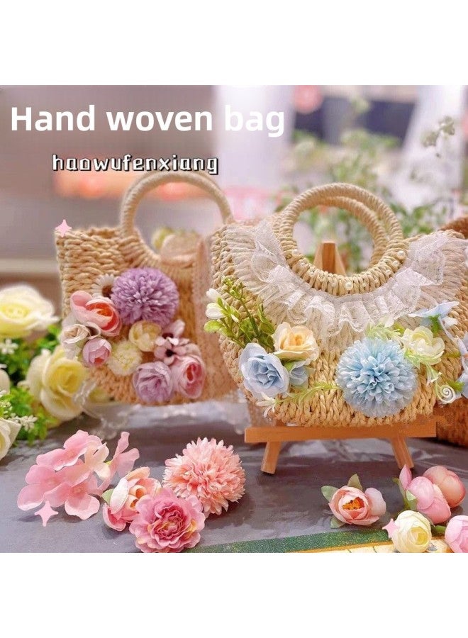 Straw Bag Artificial Flower DIY Material Bag Handmade Handbag Warm-up Activities March 8th Festival Group Building Salon Summer-Color:Off-white Woven Bag Material Package - White Color (full Set Of Materials Included)  - Image 3