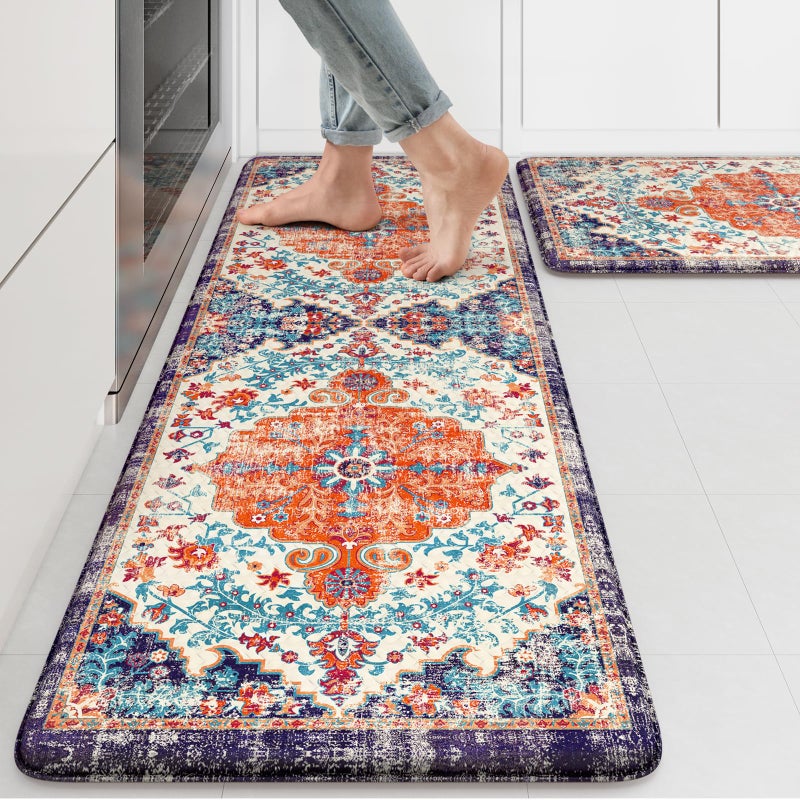 KIMODE Anti Fatigue Kitchen Mat Boho Vintage Kitchen Rugs Sets of 2 Cushioned NonSlip Kitchen Mats for Floor Comfort Kitchen Floor Mats for Sink Laundry Desk OrangePurple17x4717x29