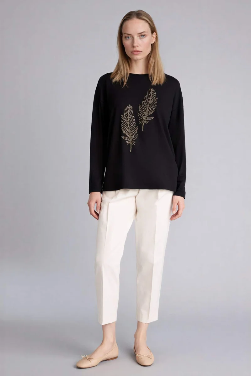 ديفاكتو Relax Fit Crew Neck Stone Print Long Sleeve T-Shirt