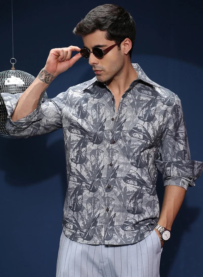 Campus Sutra Campus Sutra Men's Indigo Blue Willow-Foliage Imprint Shirt For Casual Wear | Spread Collar | Long Cuffed Sleeves | Button Closure | Shirt Shirt Crafted With Comfort Fit For Everyday Wear