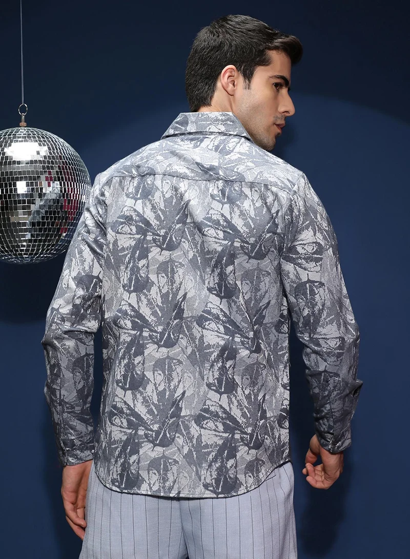Campus Sutra Campus Sutra Men's Indigo Blue Willow-Foliage Imprint Shirt For Casual Wear | Spread Collar | Long Cuffed Sleeves | Button Closure | Shirt Shirt Crafted With Comfort Fit For Everyday Wear