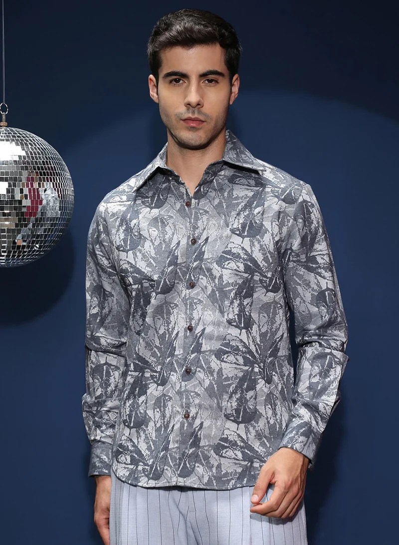 Campus Sutra Campus Sutra Men's Indigo Blue Willow-Foliage Imprint Shirt For Casual Wear | Spread Collar | Long Cuffed Sleeves | Button Closure | Shirt Shirt Crafted With Comfort Fit For Everyday Wear