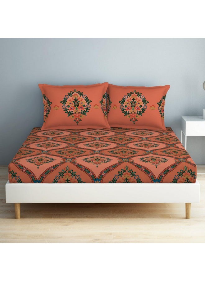 SPACES Spaces 100% Cotton Double Bedsheet (224 Cm X 254 Cm / 43Cm X 68 Cm) | 132 TC Percale Ornate Bedsheet & Pillow Covers Set (Shrimp)- Aurum  - Image 1