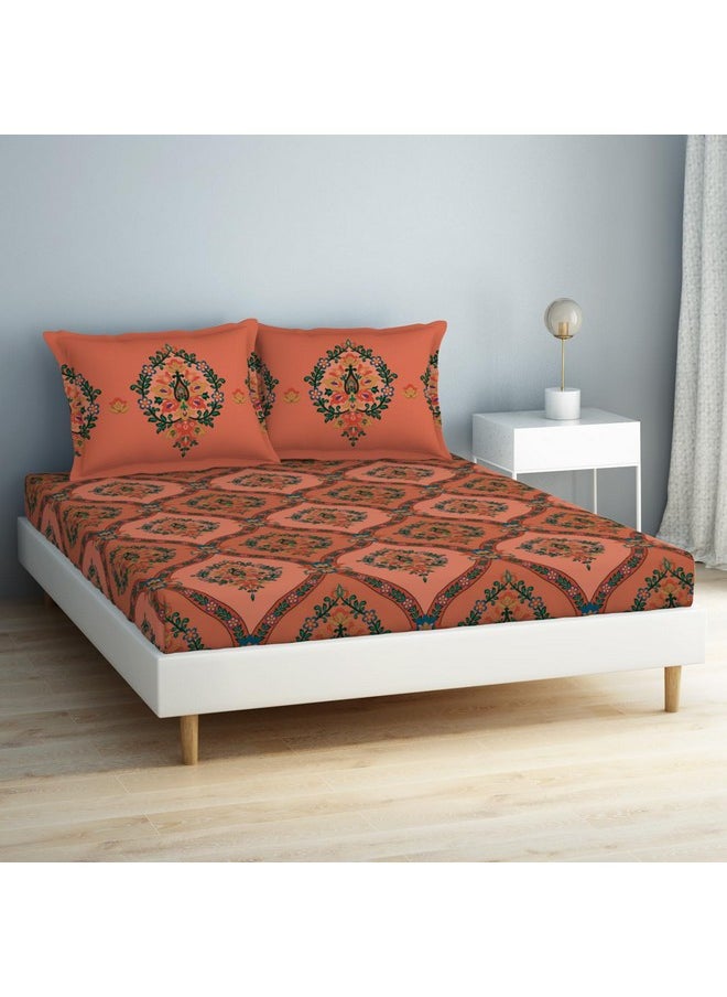 SPACES Spaces 100% Cotton Double Bedsheet (224 Cm X 254 Cm / 43Cm X 68 Cm) | 132 TC Percale Ornate Bedsheet & Pillow Covers Set (Shrimp)- Aurum  - Image 2