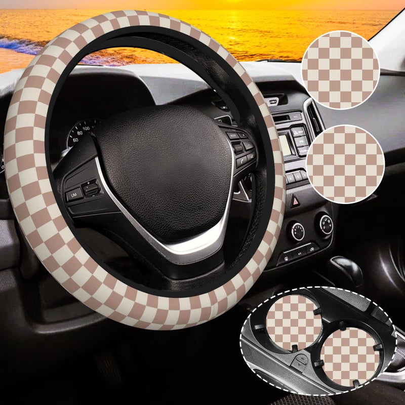 Gwwens Khaki Checkered Steering Wheel Cover for Women,Universal Auto Steering Wheel 14-15 Inch Car Interior Accessories with 2PCS Car Coasters,Suitable for Men and Women - Image 1