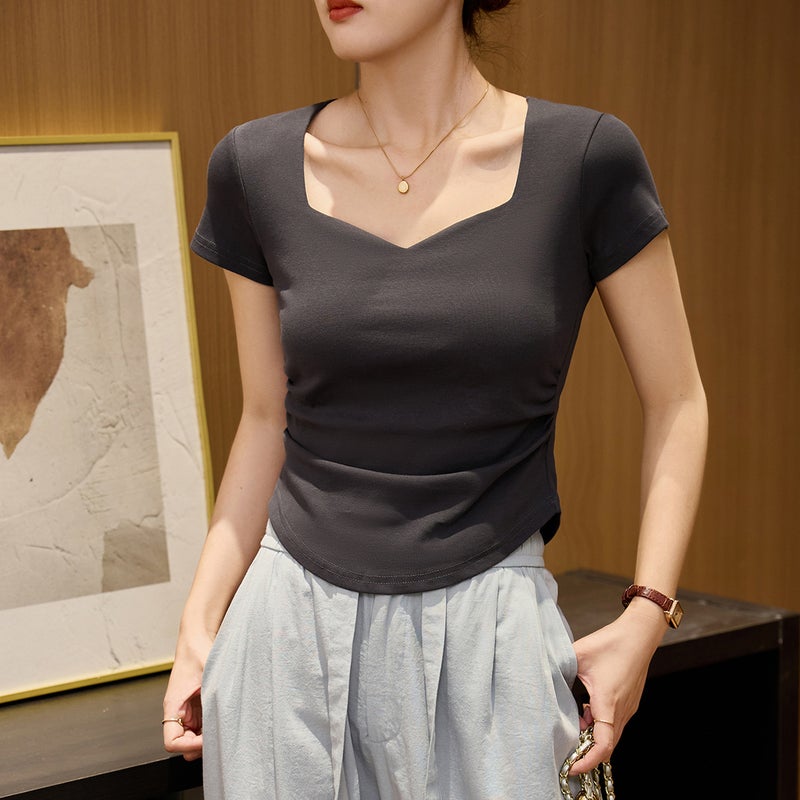# Combed Cotton# Peach Heart Square Neck Short-Sleeved T-Shirt Women'S 2025 Pleated Slim Shoulder Top Base Shirt - Image 1
